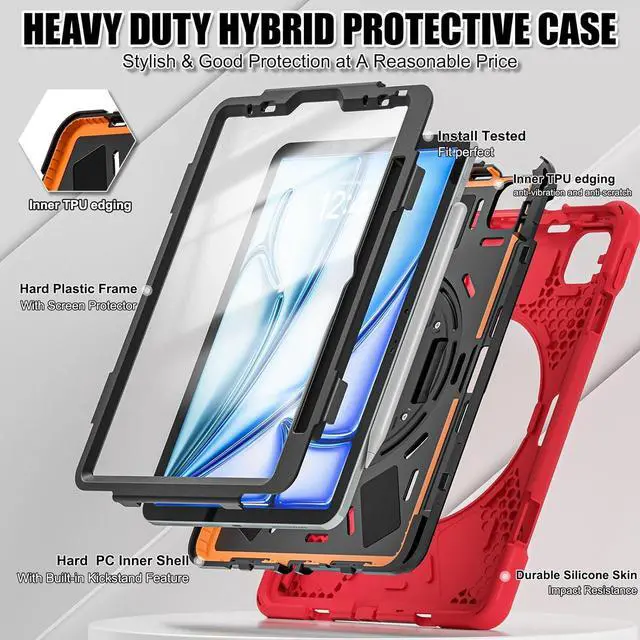 Alt view image 3 of 7 - for iPad Air 11 Inch Case M2 2024 6th Generation w/Screen Protector, iPad Pro 11 Case 2022 Heavy Duty Rugged, 360° Rotate Stand Case with Hand/Shoulder Strap for iPad Air 5th/4th 10.9", Red