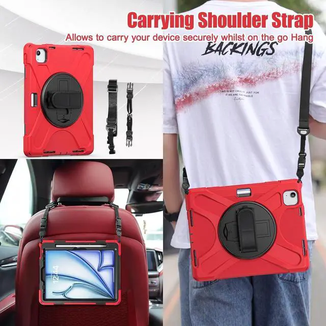 Alt view image 7 of 7 - for iPad Air 11 Inch Case M2 2024 6th Generation w/Screen Protector, iPad Pro 11 Case 2022 Heavy Duty Rugged, 360° Rotate Stand Case with Hand/Shoulder Strap for iPad Air 5th/4th 10.9", Red