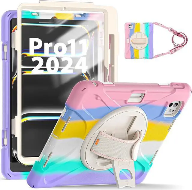 Main image of Case for iPad Pro 11 inch (M4) Case 2024 5th Generation, Colorful Cute Kids Girls Case with Pencil Holder Screen Protector, 360° Rotate Stand Case with Shoulder Strap, Pink