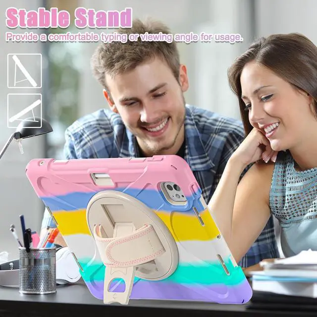 Alt view image 4 of 7 - Case for iPad Pro 11 inch (M4) Case 2024 5th Generation, Colorful Cute Kids Girls Case with Pencil Holder Screen Protector, 360° Rotate Stand Case with Shoulder Strap, Pink
