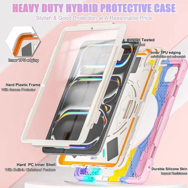 Alt view image 3 of 7 - Case for iPad Pro 11 inch (M4) Case 2024 5th Generation, Colorful Cute Kids Girls Case with Pencil Holder Screen Protector, 360° Rotate Stand Case with Shoulder Strap, Pink