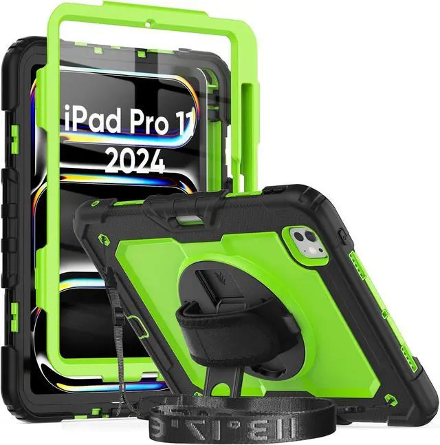 Main image of iPad Pro 11 Case 2024 Model A2836/A2837/A3006 with Screen Protector | Shockproof Rugged Protective Case W/Stand Hand Strap Shoulder Strap Support Apple Pencil Pro Charging | Green