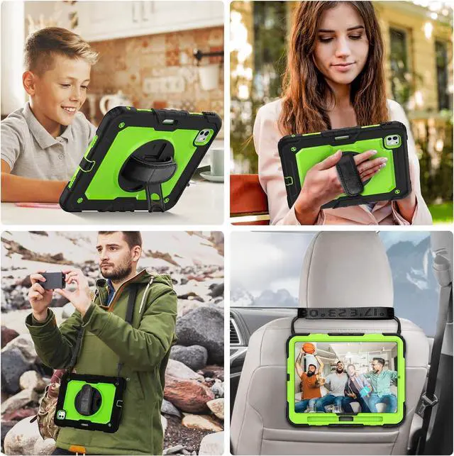Alt view image 5 of 6 - iPad Pro 11 Case 2024 Model A2836/A2837/A3006 with Screen Protector | Shockproof Rugged Protective Case W/Stand Hand Strap Shoulder Strap Support Apple Pencil Pro Charging | Green