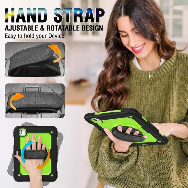 Alt view image 4 of 6 - iPad Pro 11 Case 2024 Model A2836/A2837/A3006 with Screen Protector | Shockproof Rugged Protective Case W/Stand Hand Strap Shoulder Strap Support Apple Pencil Pro Charging | Green