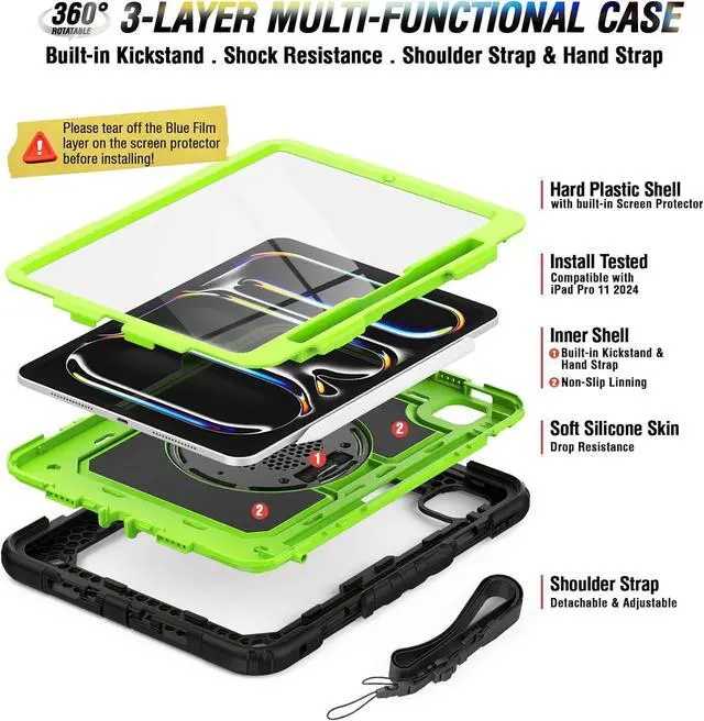 Alt view image 6 of 6 - iPad Pro 11 Case 2024 Model A2836/A2837/A3006 with Screen Protector | Shockproof Rugged Protective Case W/Stand Hand Strap Shoulder Strap Support Apple Pencil Pro Charging | Green
