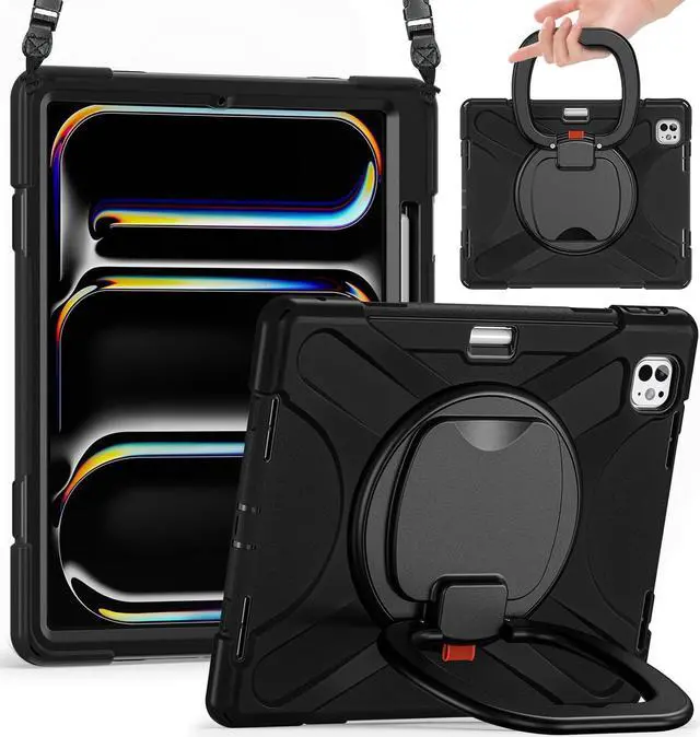 Main image of for iPad Pro 13-inch Case (2024) M4 Chip Model A2925 Heavy Duty Rugged Durability Silicone Tablet Cover with 360° Rotating Ring Foldable Kickstand & Shoulder Strap, Black