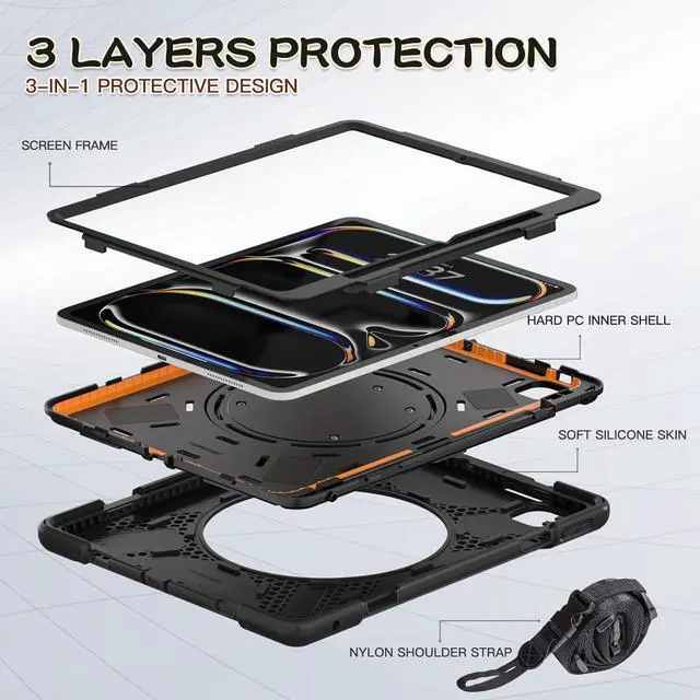 Alt view image 3 of 7 - for iPad Pro 13-inch Case (2024) M4 Chip Model A2925 Heavy Duty Rugged Durability Silicone Tablet Cover with 360° Rotating Ring Foldable Kickstand & Shoulder Strap, Black