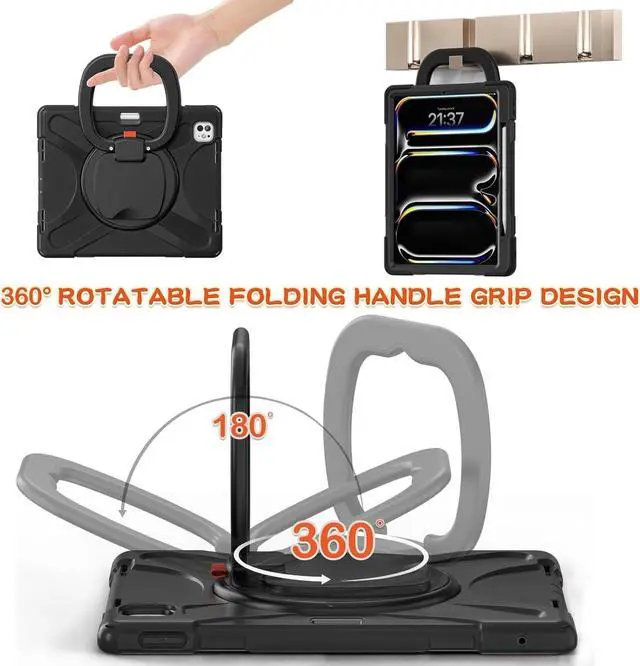 Alt view image 2 of 7 - for iPad Pro 13-inch Case (2024) M4 Chip Model A2925 Heavy Duty Rugged Durability Silicone Tablet Cover with 360° Rotating Ring Foldable Kickstand & Shoulder Strap, Black