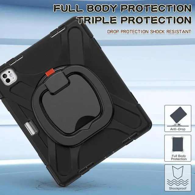 Alt view image 4 of 7 - for iPad Pro 13-inch Case (2024) M4 Chip Model A2925 Heavy Duty Rugged Durability Silicone Tablet Cover with 360° Rotating Ring Foldable Kickstand & Shoulder Strap, Black