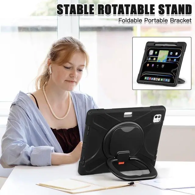 Alt view image 6 of 7 - for iPad Pro 13-inch Case (2024) M4 Chip Model A2925 Heavy Duty Rugged Durability Silicone Tablet Cover with 360° Rotating Ring Foldable Kickstand & Shoulder Strap, Black
