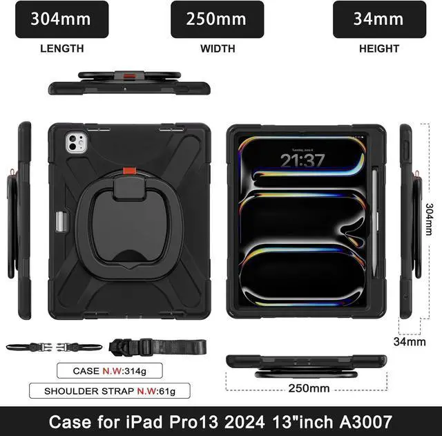 Alt view image 5 of 7 - for iPad Pro 13-inch Case (2024) M4 Chip Model A2925 Heavy Duty Rugged Durability Silicone Tablet Cover with 360° Rotating Ring Foldable Kickstand & Shoulder Strap, Black