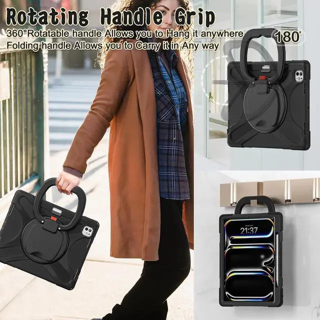 Alt view image 7 of 7 - for iPad Pro 13-inch Case (2024) M4 Chip Model A2925 Heavy Duty Rugged Durability Silicone Tablet Cover with 360° Rotating Ring Foldable Kickstand & Shoulder Strap, Black