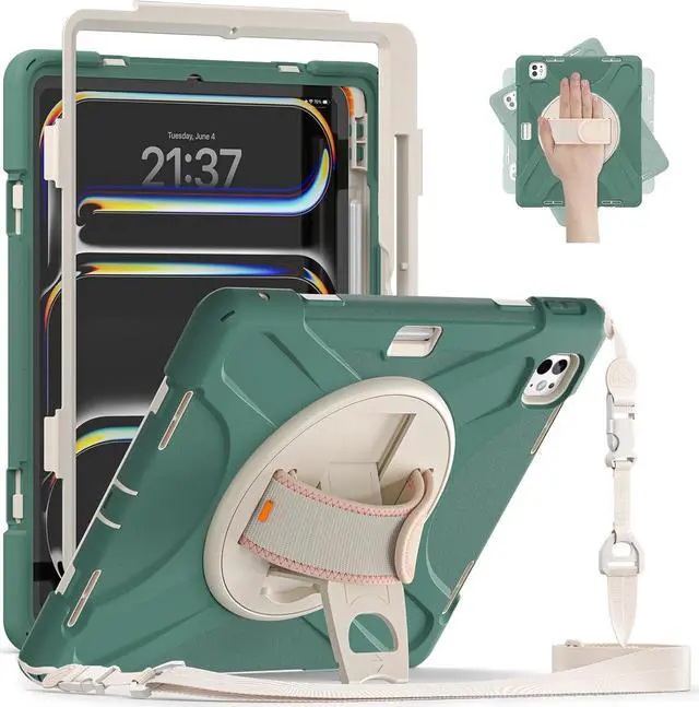 Main image of Case for iPad Pro 13-inch (2024) M4 Chip Model A2925 Heavy Duty Rugged Durability Silicone Tablet Cover with 360° Rotating Hand Strap Foldable Hidden Stand & Shoulder Strap, Sea Green