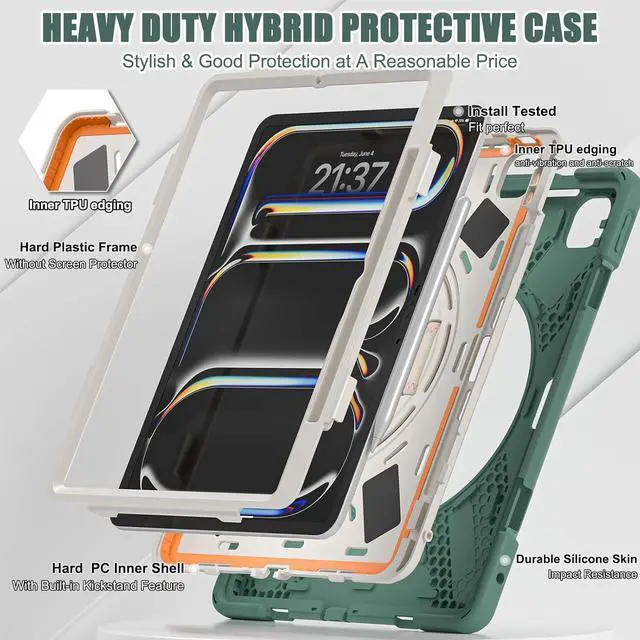 Alt view image 2 of 7 - Case for iPad Pro 13-inch (2024) M4 Chip Model A2925 Heavy Duty Rugged Durability Silicone Tablet Cover with 360° Rotating Hand Strap Foldable Hidden Stand & Shoulder Strap, Sea Green