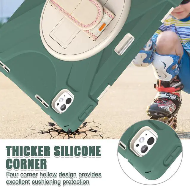 Alt view image 4 of 7 - Case for iPad Pro 13-inch (2024) M4 Chip Model A2925 Heavy Duty Rugged Durability Silicone Tablet Cover with 360° Rotating Hand Strap Foldable Hidden Stand & Shoulder Strap, Sea Green