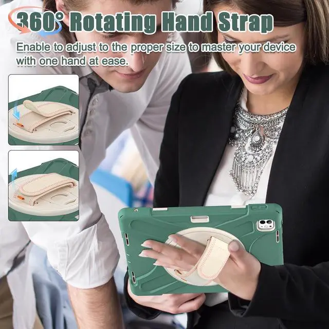 Alt view image 6 of 7 - Case for iPad Pro 13-inch (2024) M4 Chip Model A2925 Heavy Duty Rugged Durability Silicone Tablet Cover with 360° Rotating Hand Strap Foldable Hidden Stand & Shoulder Strap, Sea Green