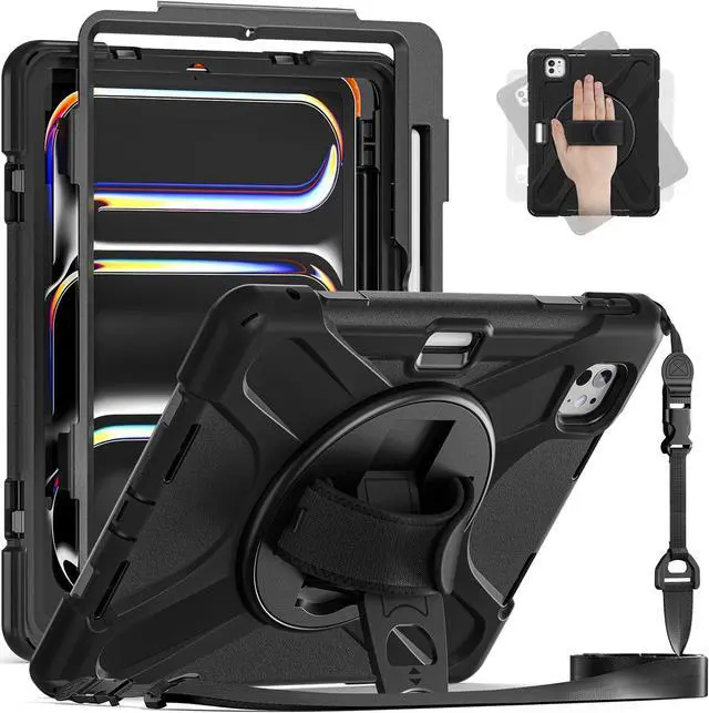 Main image of Case for iPad Pro 13-inch (2024) M4 Chip Model A2925 Heavy Duty Rugged Durability Silicone Tablet Cover with 360° Rotating Hand Strap Foldable Hidden Stand & Shoulder Strap, Black