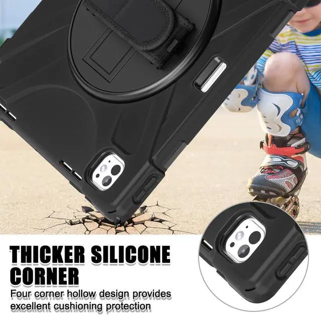 Alt view image 4 of 7 - Case for iPad Pro 13-inch (2024) M4 Chip Model A2925 Heavy Duty Rugged Durability Silicone Tablet Cover with 360° Rotating Hand Strap Foldable Hidden Stand & Shoulder Strap, Black