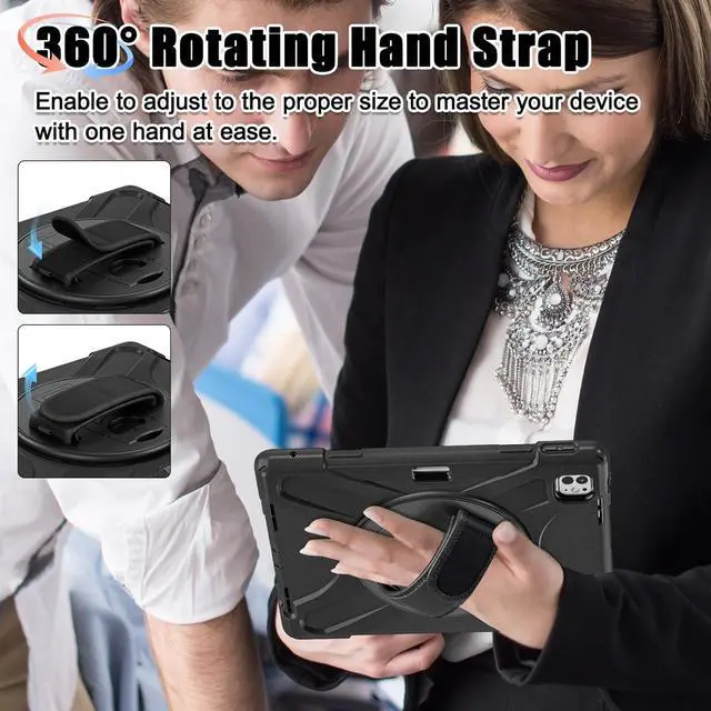 Alt view image 6 of 7 - Case for iPad Pro 13-inch (2024) M4 Chip Model A2925 Heavy Duty Rugged Durability Silicone Tablet Cover with 360° Rotating Hand Strap Foldable Hidden Stand & Shoulder Strap, Black