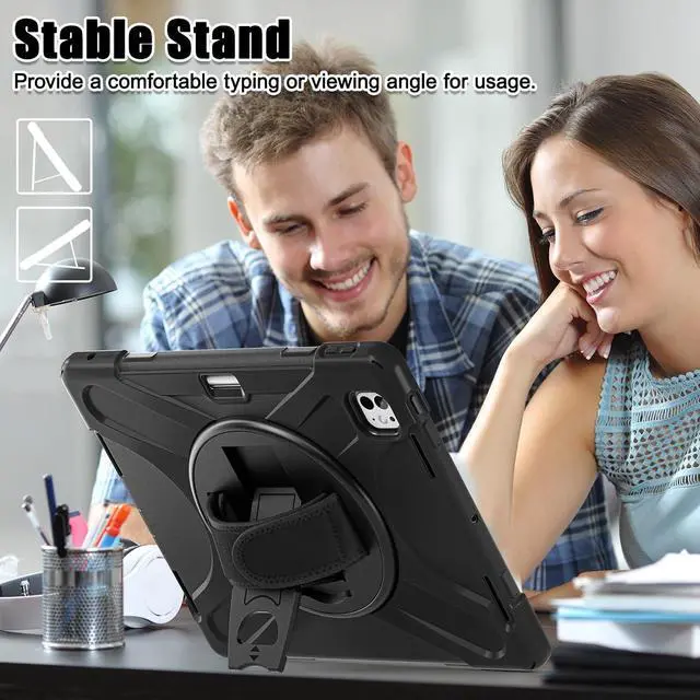 Alt view image 7 of 7 - Case for iPad Pro 13-inch (2024) M4 Chip Model A2925 Heavy Duty Rugged Durability Silicone Tablet Cover with 360° Rotating Hand Strap Foldable Hidden Stand & Shoulder Strap, Black