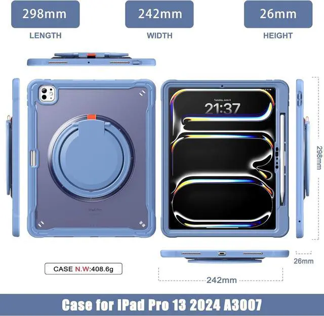 Alt view image 2 of 7 - iPad Pro 13 inch Case 2024 M4 Chip Lightweight Dual-Layer Protective Tablet Cover, Durable Shock-Absorbing Corners with 360° Rotating Kickstand Ring Built-in Pen Slot,Lavender Grey