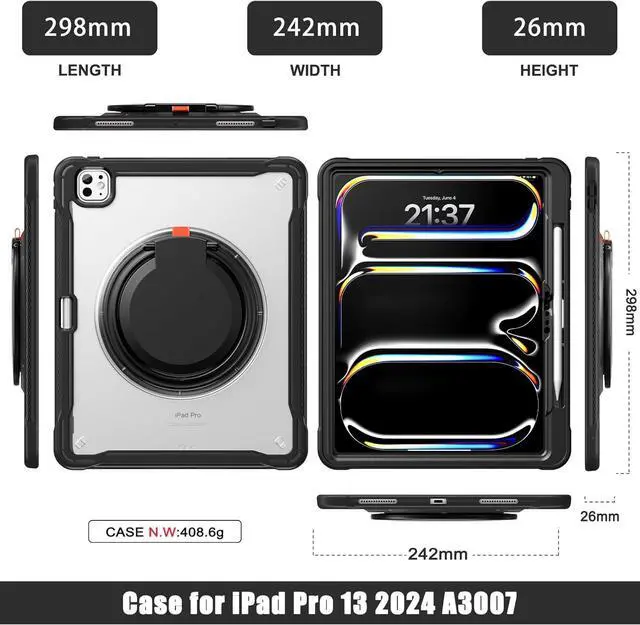 Alt view image 2 of 7 - iPad Pro 13 inch Case 2024 M4 Chip Lightweight Dual-Layer Protective Tablet Cover, Durable Shock-Absorbing Corners with 360° Rotating Retractable Kickstand Ring Built-in Pen Slot, Black