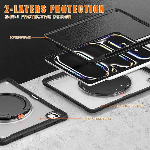 Alt view image 3 of 7 - iPad Pro 13 inch Case 2024 M4 Chip Lightweight Dual-Layer Protective Tablet Cover, Durable Shock-Absorbing Corners with 360° Rotating Retractable Kickstand Ring Built-in Pen Slot, Black