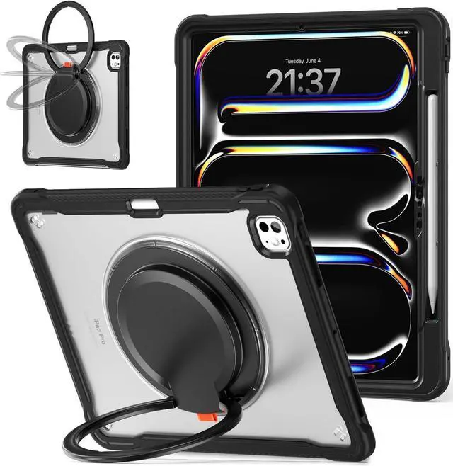 Main image of iPad Pro 13 inch Case 2024 M4 Chip Lightweight Dual-Layer Protective Tablet Cover, Durable Shock-Absorbing Corners with 360° Rotating Retractable Kickstand Ring Built-in Pen Slot, Black