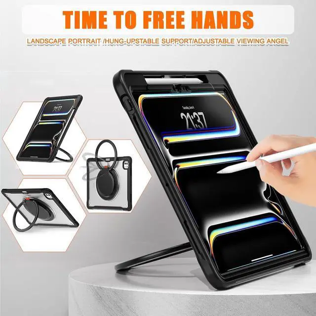 Alt view image 6 of 7 - iPad Pro 13 inch Case 2024 M4 Chip Lightweight Dual-Layer Protective Tablet Cover, Durable Shock-Absorbing Corners with 360° Rotating Retractable Kickstand Ring Built-in Pen Slot, Black