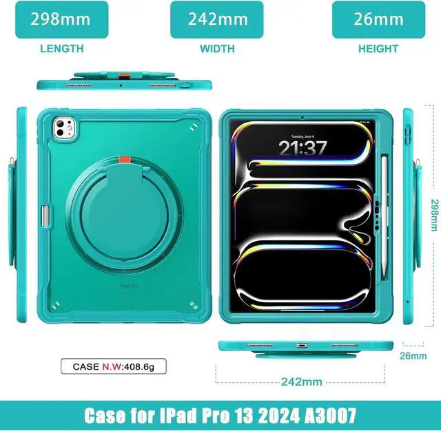 Alt view image 2 of 7 - iPad Pro 13 inch Case 2024 M4 Chip Lightweight Dual-Layer Protective Tablet Cover, Durable Shock-Absorbing Corners with 360° Rotating Retractable Kickstand Ring Built-in Pen Slot, Blue