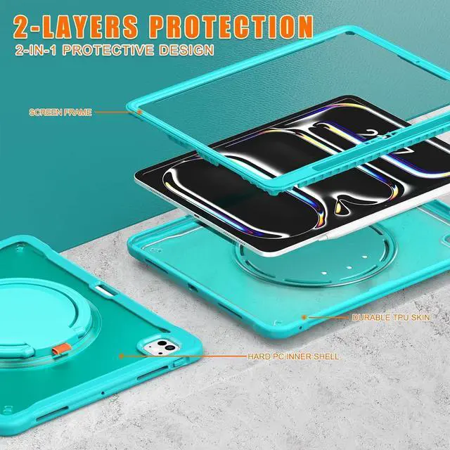 Alt view image 3 of 7 - iPad Pro 13 inch Case 2024 M4 Chip Lightweight Dual-Layer Protective Tablet Cover, Durable Shock-Absorbing Corners with 360° Rotating Retractable Kickstand Ring Built-in Pen Slot, Blue