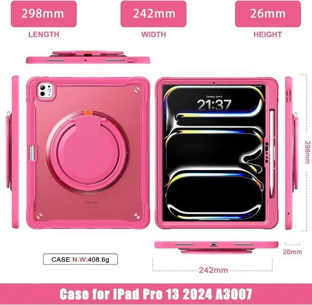 Alt view image 2 of 7 - iPad Pro 13 inch Case 2024 M4 Chip Lightweight Dual-Layer Protective Tablet Cover, Durable Shock-Absorbing Corners with 360° Rotating Retractable Kickstand Ring Built-in Pen Slot, Pink