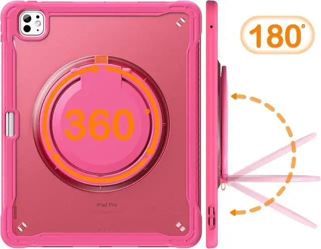 Alt view image 4 of 7 - iPad Pro 13 inch Case 2024 M4 Chip Lightweight Dual-Layer Protective Tablet Cover, Durable Shock-Absorbing Corners with 360° Rotating Retractable Kickstand Ring Built-in Pen Slot, Pink