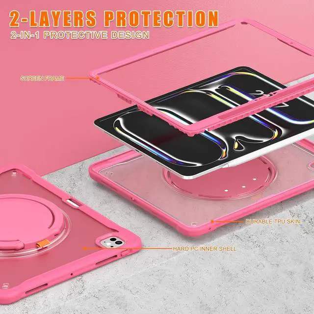 Alt view image 3 of 7 - iPad Pro 13 inch Case 2024 M4 Chip Lightweight Dual-Layer Protective Tablet Cover, Durable Shock-Absorbing Corners with 360° Rotating Retractable Kickstand Ring Built-in Pen Slot, Pink
