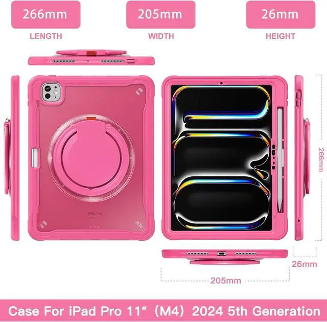 Alt view image 2 of 7 - iPad Pro 11 inch Case 2024 M4 Chip Lightweight Dual-Layer Protective Tablet Cover, Durable Shock-Absorbing Corners with 360° Rotating Retractable Kickstand Ring Built-in Pen Slot, Pink
