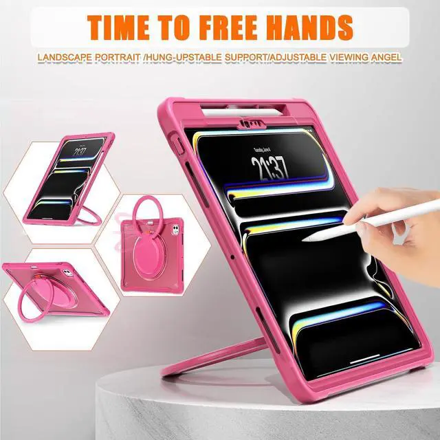 Alt view image 6 of 7 - iPad Pro 13 inch Case 2024 M4 Chip Lightweight Dual-Layer Protective Tablet Cover, Durable Shock-Absorbing Corners with 360° Rotating Retractable Kickstand Ring Built-in Pen Slot, Pink