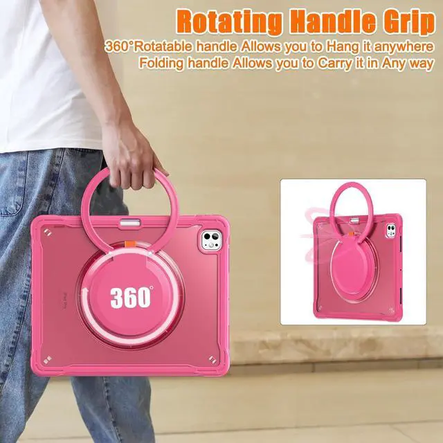 Alt view image 7 of 7 - iPad Pro 13 inch Case 2024 M4 Chip Lightweight Dual-Layer Protective Tablet Cover, Durable Shock-Absorbing Corners with 360° Rotating Retractable Kickstand Ring Built-in Pen Slot, Pink