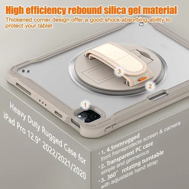 Alt view image 2 of 7 - Ultimate Case for iPad Pro 12.9-inch 2022 6th M2 /2021 (5rd Generation) / iPad Pro 12.9" 4th/3rd Gen Rugged Shockproof Tablet Cover with 360° Rotatable Kickstand & Shoulder Strap, Khaki