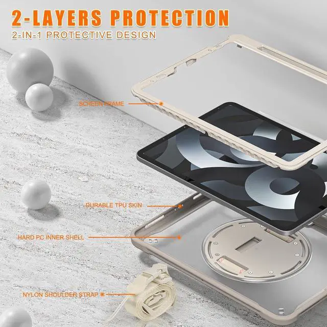 Alt view image 3 of 7 - Ultimate Case for iPad Pro 12.9-inch 2022 6th M2 /2021 (5rd Generation) / iPad Pro 12.9" 4th/3rd Gen Rugged Shockproof Tablet Cover with 360° Rotatable Kickstand & Shoulder Strap, Khaki