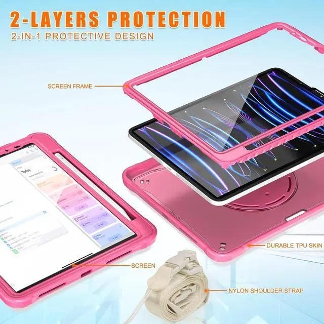 Alt view image 4 of 7 - Ultimate Case for iPad Pro 12.9-inch 2022 6th M2 /2021 (5rd Generation) / iPad Pro 12.9" 4th/3rd Gen Rugged Shockproof Tablet Cover with 360° Rotatable Kickstand & Shoulder Strap, Black