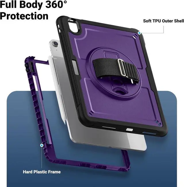 Alt view image 2 of 7 - Case for iPad Air (2024) 11-inch M2 Chip Multilayered Rugged Durable Shockproof Tablet Cover with 360° Rotating Hand Strap Foldable Hidden Stand, Purple