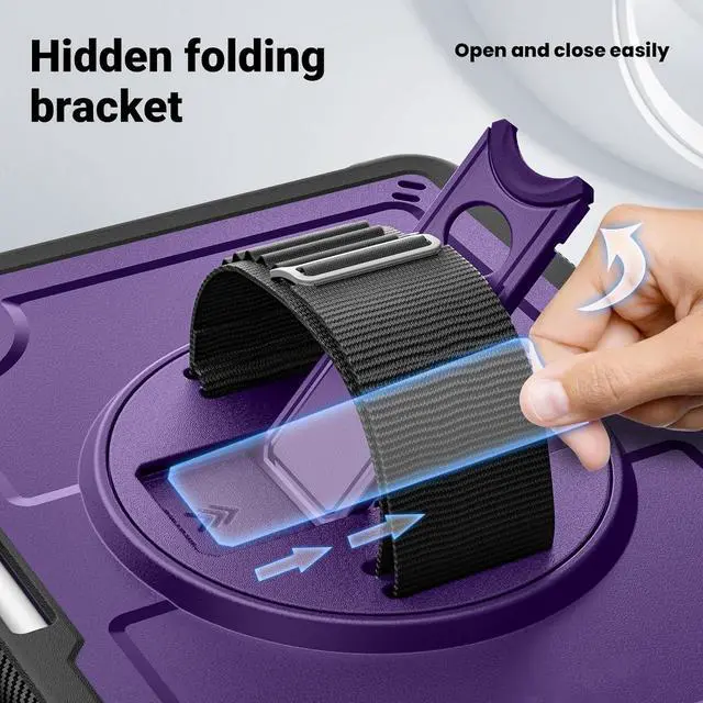 Alt view image 4 of 7 - Case for iPad Air (2024) 11-inch M2 Chip Multilayered Rugged Durable Shockproof Tablet Cover with 360° Rotating Hand Strap Foldable Hidden Stand, Purple