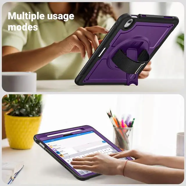 Alt view image 5 of 7 - Case for iPad Air (2024) 11-inch M2 Chip Multilayered Rugged Durable Shockproof Tablet Cover with 360° Rotating Hand Strap Foldable Hidden Stand, Purple