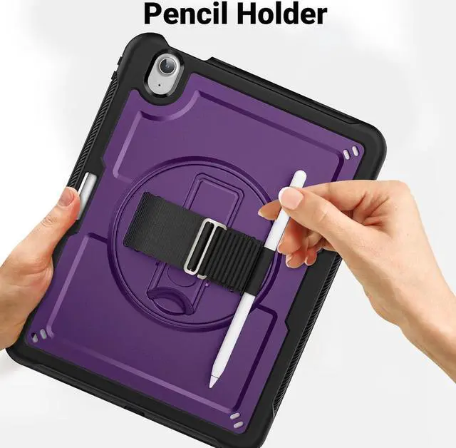 Alt view image 7 of 7 - Case for iPad Air (2024) 11-inch M2 Chip Multilayered Rugged Durable Shockproof Tablet Cover with 360° Rotating Hand Strap Foldable Hidden Stand, Purple