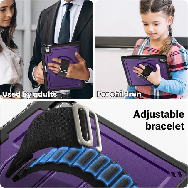 Alt view image 6 of 7 - Case for iPad Air (2024) 11-inch M2 Chip Multilayered Rugged Durable Shockproof Tablet Cover with 360° Rotating Hand Strap Foldable Hidden Stand, Purple