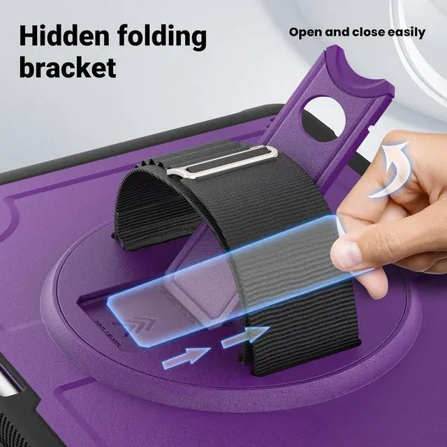 Alt view image 4 of 7 - Case for iPad Air (2024) 13-inch M2 Chip Multilayered Rugged Durable Shockproof Tablet Cover with 360° Rotating Hand Strap Foldable Hidden Stand, Purple