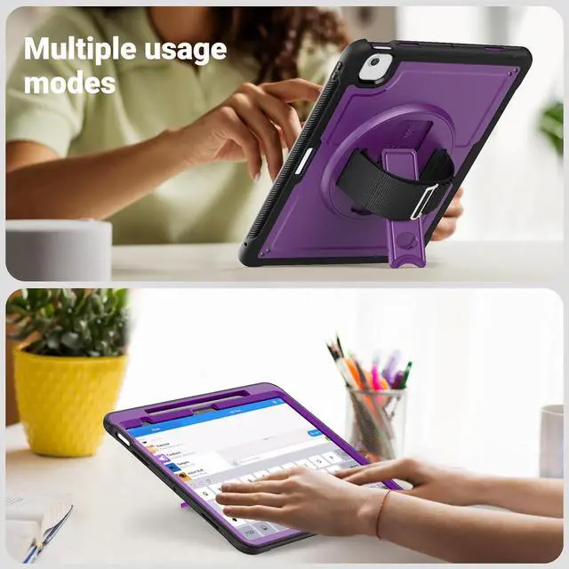 Alt view image 5 of 7 - Case for iPad Air (2024) 13-inch M2 Chip Multilayered Rugged Durable Shockproof Tablet Cover with 360° Rotating Hand Strap Foldable Hidden Stand, Purple