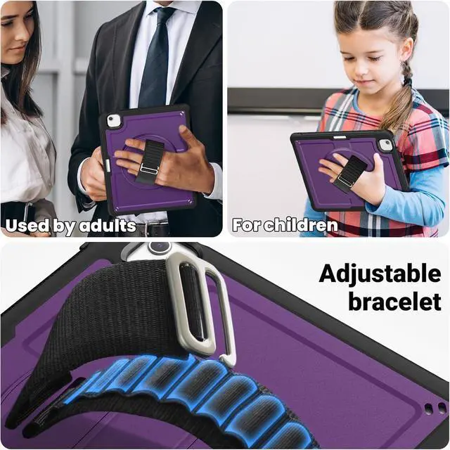 Alt view image 6 of 7 - Case for iPad Air (2024) 13-inch M2 Chip Multilayered Rugged Durable Shockproof Tablet Cover with 360° Rotating Hand Strap Foldable Hidden Stand, Purple
