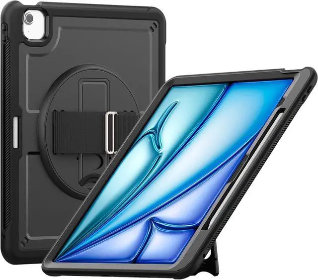 Main image of Case for iPad Air (2024) 13-inch M2 Chip Multilayered Rugged Durable Shockproof Tablet Cover with 360° Rotating Hand Strap Foldable Hidden Stand, Black