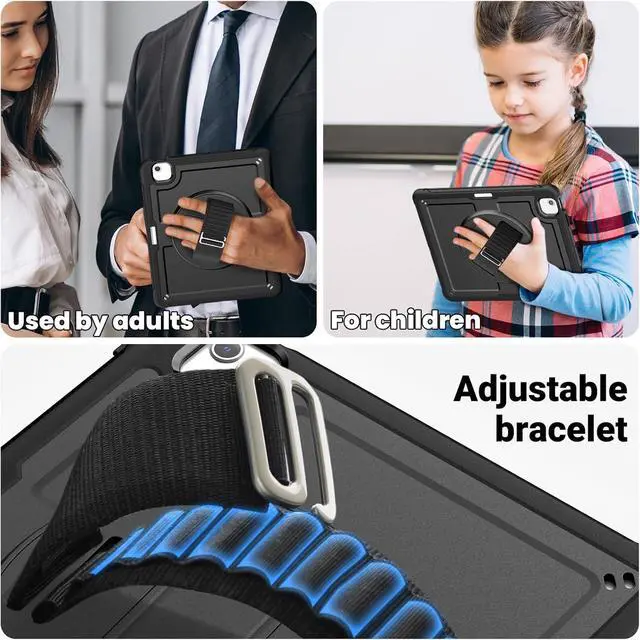 Alt view image 6 of 7 - Case for iPad Air (2024) 13-inch M2 Chip Multilayered Rugged Durable Shockproof Tablet Cover with 360° Rotating Hand Strap Foldable Hidden Stand, Black
